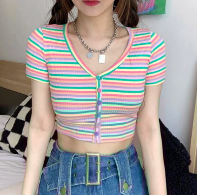 Pastel Color Rainbow Stripe Button Knitted Cardigan Top