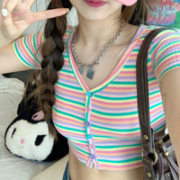 Pastel Color Rainbow Stripe Button Knitted Cardigan Top - Thumbnail 1