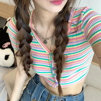 Pastel Color Rainbow Stripe Button Knitted Cardigan Top - Thumbnail 2