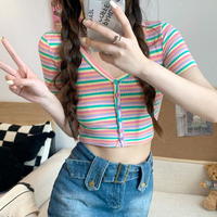 Pastel Color Rainbow Stripe Button Knitted Cardigan Top - Thumbnail 3