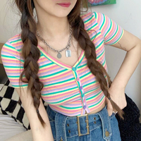 Pastel Color Rainbow Stripe Button Knitted Cardigan Top - Thumbnail 4