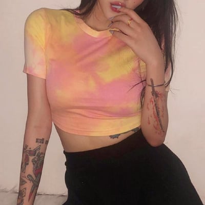 Women pastel pink yellow gradient tie dye top - Thumbnail 4