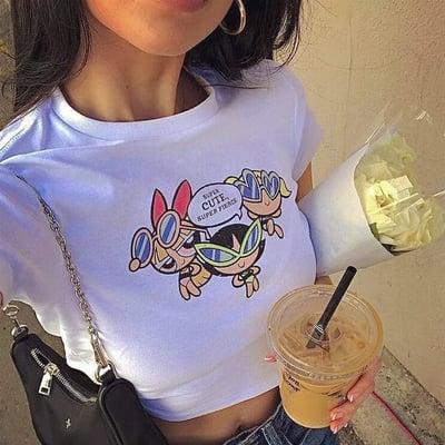 Cartoon powerpuff girls print crop tee