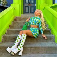 2PCS Heart Print High Neck Long Sleeve Bandage Mini Dress Crop Top + Skirt Set Summer Aesthetic Casual E-Girl Kawaii Korean Japanese Harajuku - Thumbnail 3