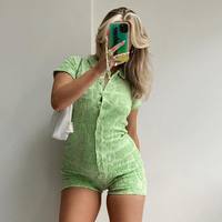 Green Heart Short Sleeve V-Neck Shirt Bodycon Playsuit Romper One Piece Summer Aesthetic Casual E-Girl Kawaii Korean Japanese Harajuku - Thumbnail 2
