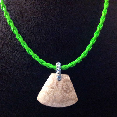 Natural coral fossil gemstone fan shape pendant w/ artificial leather necklace