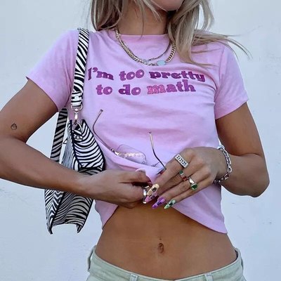 Pink Too Pretty To Do Math Funny Letter Print Short Sleeve Shirt Crop Top Summer Aesthetic Casual E-Girl Kawaii Korean Japanese Harajuku