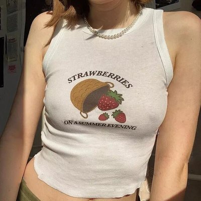 White ribbed strawberry fruit print tank top crop top sleeveless shirt summer aesthetic casual e-girl kawaii korean japanese harajuku - Thumbnail 4