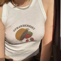 White Ribbed Strawberry Fruit Print Tank Top Crop Top Sleeveless Shirt Summer Aesthetic Casual E-Girl Kawaii Korean Japanese Harajuku - Thumbnail 2