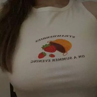 White Ribbed Strawberry Fruit Print Tank Top Crop Top Sleeveless Shirt Summer Aesthetic Casual E-Girl Kawaii Korean Japanese Harajuku - Thumbnail 3