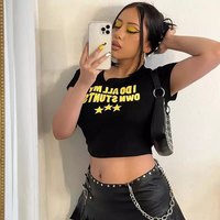 Yellow Funny Own Stunts Graphic Print Short Sleeve Shirt Crop Top Summer Aesthetic Casual E-Girl Kawaii Korean Japanese Harajuku - Thumbnail 4