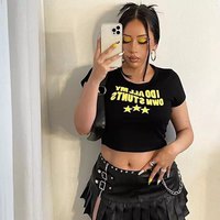 Yellow Funny Own Stunts Graphic Print Short Sleeve Shirt Crop Top Summer Aesthetic Casual E-Girl Kawaii Korean Japanese Harajuku - Thumbnail 3