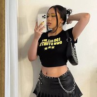 Yellow Funny Own Stunts Graphic Print Short Sleeve Shirt Crop Top Summer Aesthetic Casual E-Girl Kawaii Korean Japanese Harajuku - Thumbnail 6