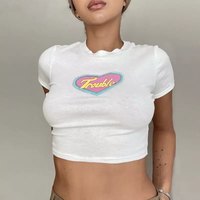 White Vintage Trouble Heart Graphic Print Short Sleeve Shirt Crop Top Summer Aesthetic Casual E-Girl Kawaii Korean Japanese Harajuku - Thumbnail 1