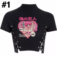Black Anime Girl Cartoon Print Turtleneck Lace Up Short Sleeve Shirt Crop Top Punk Goth Summer Aesthetic Casual E-Girl Kawaii Korean Japanese Harajuku - Thumbnail 1