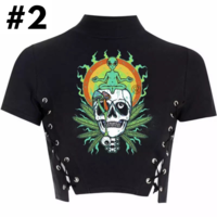 Black Anime Girl Cartoon Print Turtleneck Lace Up Short Sleeve Shirt Crop Top Punk Goth Summer Aesthetic Casual E-Girl Kawaii Korean Japanese Harajuku - Thumbnail 2