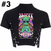 Black Anime Girl Cartoon Print Turtleneck Lace Up Short Sleeve Shirt Crop Top Punk Goth Summer Aesthetic Casual E-Girl Kawaii Korean Japanese Harajuku - Thumbnail 3
