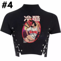 Black Anime Girl Cartoon Print Turtleneck Lace Up Short Sleeve Shirt Crop Top Punk Goth Summer Aesthetic Casual E-Girl Kawaii Korean Japanese Harajuku - Thumbnail 4