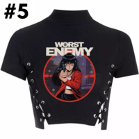 Black Anime Girl Cartoon Print Turtleneck Lace Up Short Sleeve Shirt Crop Top Punk Goth Summer Aesthetic Casual E-Girl Kawaii Korean Japanese Harajuku - Thumbnail 5