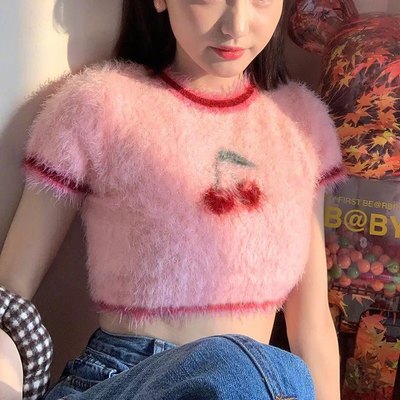 Pink Cherry Fluffy Soft Short Sleeve Shirt Crop Top Summer Aesthetic Casual E-Girl Kawaii Korean Japanese Harajuku