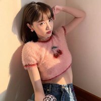 Pink Cherry Fluffy Soft Short Sleeve Shirt Crop Top Summer Aesthetic Casual E-Girl Kawaii Korean Japanese Harajuku - Thumbnail 1