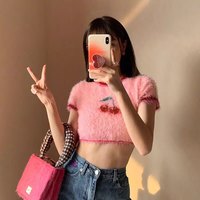Pink Cherry Fluffy Soft Short Sleeve Shirt Crop Top Summer Aesthetic Casual E-Girl Kawaii Korean Japanese Harajuku - Thumbnail 2