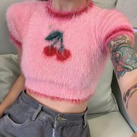 Pink Cherry Fluffy Soft Short Sleeve Shirt Crop Top Summer Aesthetic Casual E-Girl Kawaii Korean Japanese Harajuku - Thumbnail 3