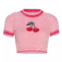 Pink Cherry Fluffy Soft Short Sleeve Shirt Crop Top Summer Aesthetic Casual E-Girl Kawaii Korean Japanese Harajuku - Thumbnail 4