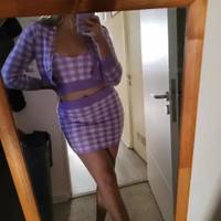 Purple Plaid 3pcs Set Long Sleeve Cardigan + Crop Top + Mini Skirt  Summer Aesthetic Casual E-Girl Kawaii Korean Japanese Harajuku - Thumbnail 6