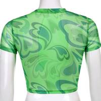 Green Heart Print Transparent Mesh Sheer Crop Top Short Sleeve Shirt Summer Aesthetic Casual E-Girl Kawaii Korean Japanese Harajuku - Thumbnail 4