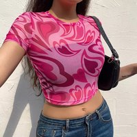 Green Heart Print Transparent Mesh Sheer Crop Top Short Sleeve Shirt Summer Aesthetic Casual E-Girl Kawaii Korean Japanese Harajuku - Thumbnail 5