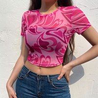 Green Heart Print Transparent Mesh Sheer Crop Top Short Sleeve Shirt Summer Aesthetic Casual E-Girl Kawaii Korean Japanese Harajuku - Thumbnail 7