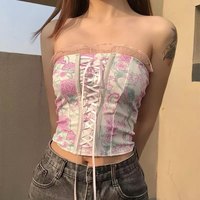 Pink Floral Print Corset Bandage Bustier Crop Top Sleeveless Shirt Summer Aesthetic Casual E-Girl Kawaii Korean Japanese Harajuku - Thumbnail 1