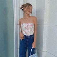 Pink Floral Print Corset Bandage Bustier Crop Top Sleeveless Shirt Summer Aesthetic Casual E-Girl Kawaii Korean Japanese Harajuku - Thumbnail 7