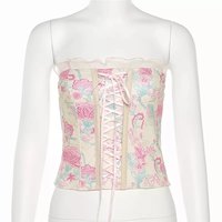 Pink Floral Print Corset Bandage Bustier Crop Top Sleeveless Shirt Summer Aesthetic Casual E-Girl Kawaii Korean Japanese Harajuku - Thumbnail 8