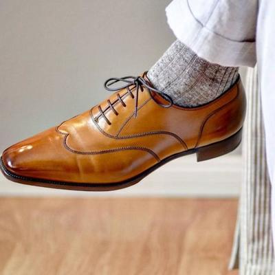 Fashion 2022 hand made tan brown wingtip genuine leather lace up wedding shoes - Thumbnail 4