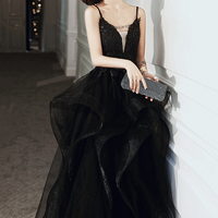 Black v neck lace long prom dress A line evening dress - Thumbnail 4