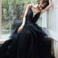 Black v neck lace long prom dress A line evening dress - Thumbnail 1