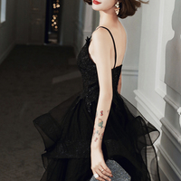 Black v neck lace long prom dress A line evening dress - Thumbnail 2