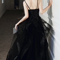 Black v neck lace long prom dress A line evening dress - Thumbnail 3