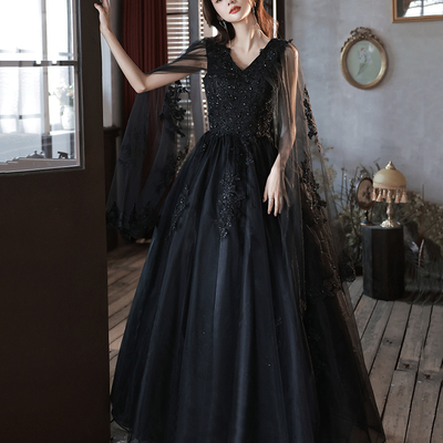 Black v neck lace long prom dress a line evening dress - Thumbnail 2