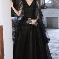 Black v neck lace long prom dress A line evening dress - Thumbnail 1