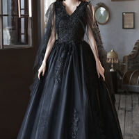 Black v neck lace long prom dress A line evening dress - Thumbnail 2