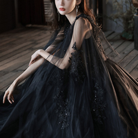 Black v neck lace long prom dress A line evening dress - Thumbnail 3