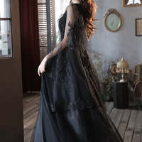 Black v neck lace long prom dress A line evening dress - Thumbnail 4
