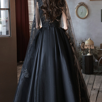 Black v neck lace long prom dress A line evening dress - Thumbnail 5