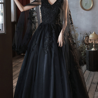 Black v neck lace long prom dress A line evening dress - Thumbnail 6