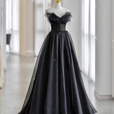 Black tulle long prom dress a line evening dress - Thumbnail 2
