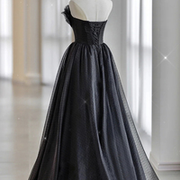 Black tulle long prom dress A line evening dress - Thumbnail 1