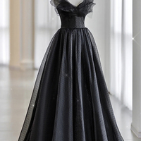 Black tulle long prom dress A line evening dress - Thumbnail 4